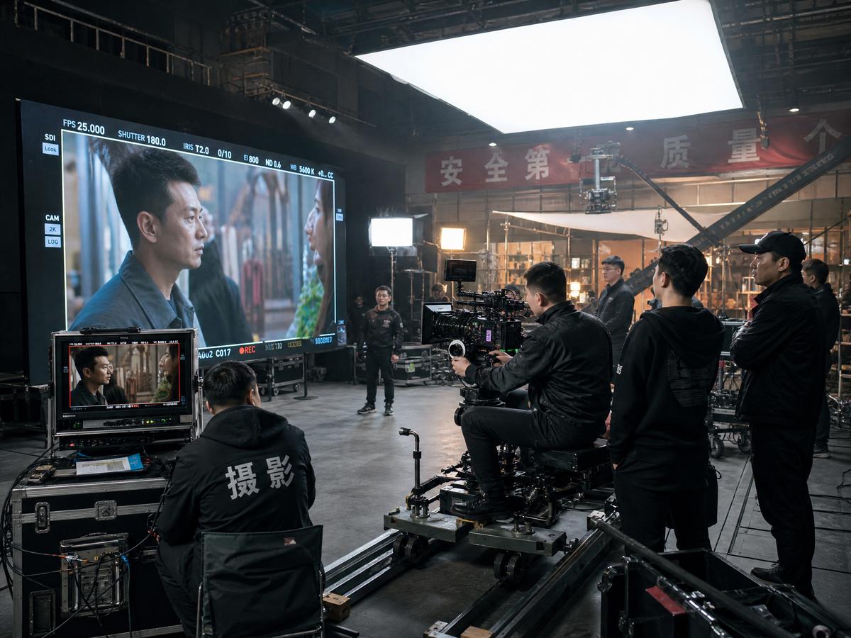 国产传媒合作影视制作团队在专业摄影棚内进行拍摄，展示国产传媒专业制作能力