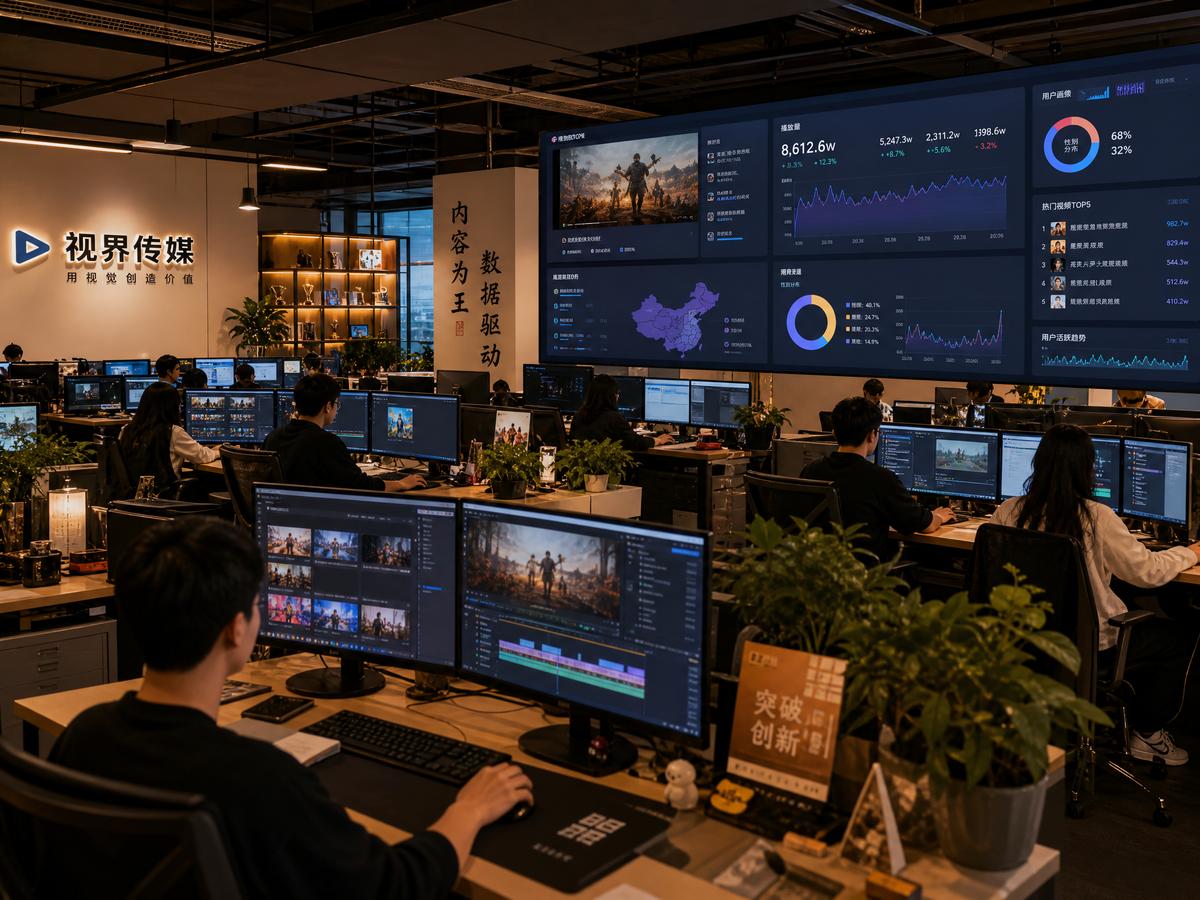 国产传媒合作方的现代化办公空间，创意团队使用国产传媒数据看板进行内容运营分析