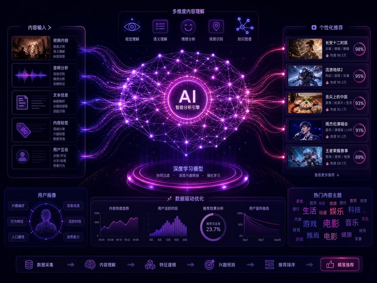 国产传媒AI智能内容分析与推荐引擎，紫色神经网络处理视频数据，展示国产传媒智能化运营能力